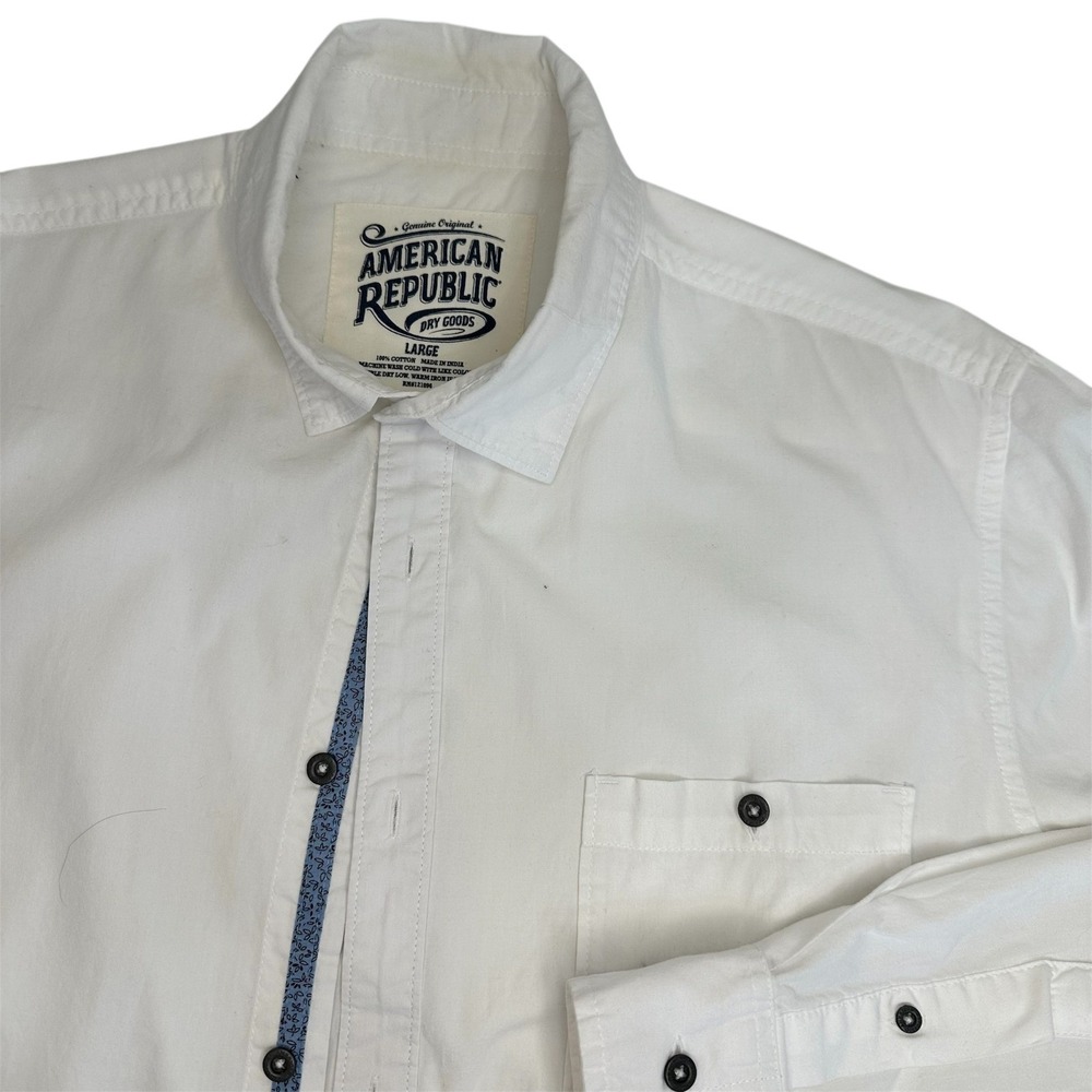Button Down Shirt Mens Large White Long Sleeve Floral Trim American Republic